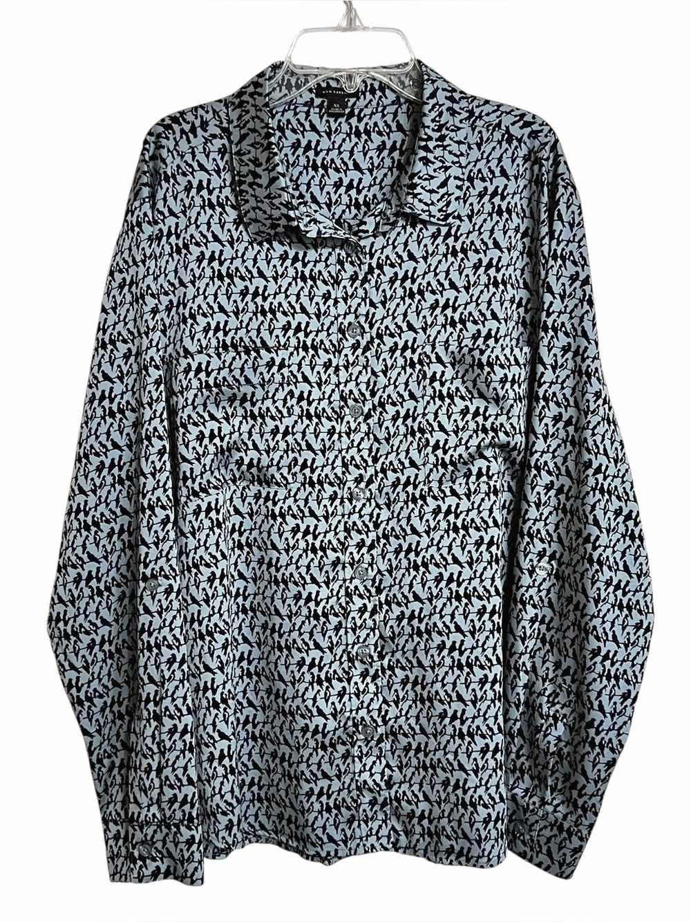 Ann Taylor Bird Print Silky Roll Tab Sleeve Top Womens XL Blue NWOT Button Up